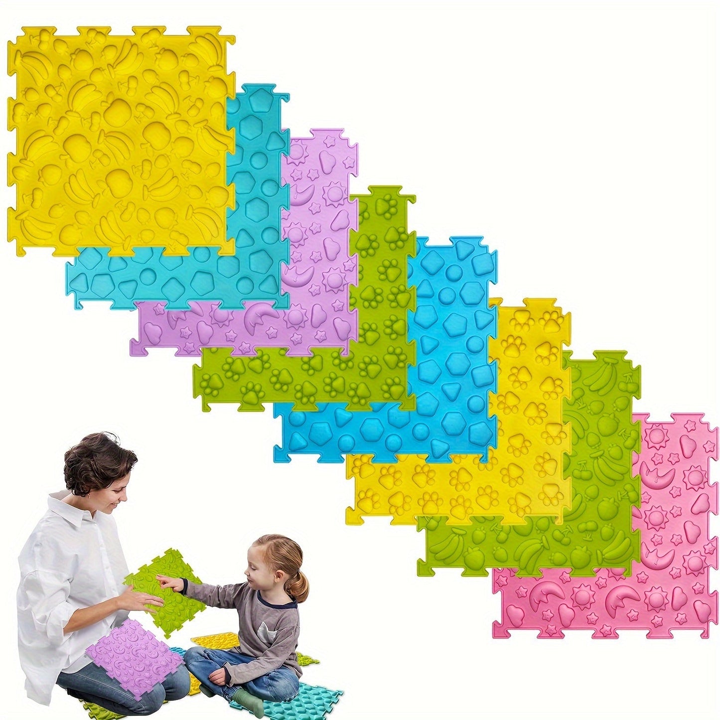 Sensory Tiles Puzzle Floor Mat - Set of 8 Pieces for Children's Sensory Room, Textured Rug Carpet, Orthopedic Massage Mat for Autism - Silicone Massage Mat for Kids with Sensory Needs