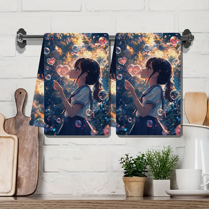 This set includes two ultra-soft kitchen towels adorned with a cute anime girl blowing heart-shaped bubbles with a bubble wand. The bubbles envelop her, adding a whimsical touch to the design. These dish towels are highly absorbent, ideal for holiday