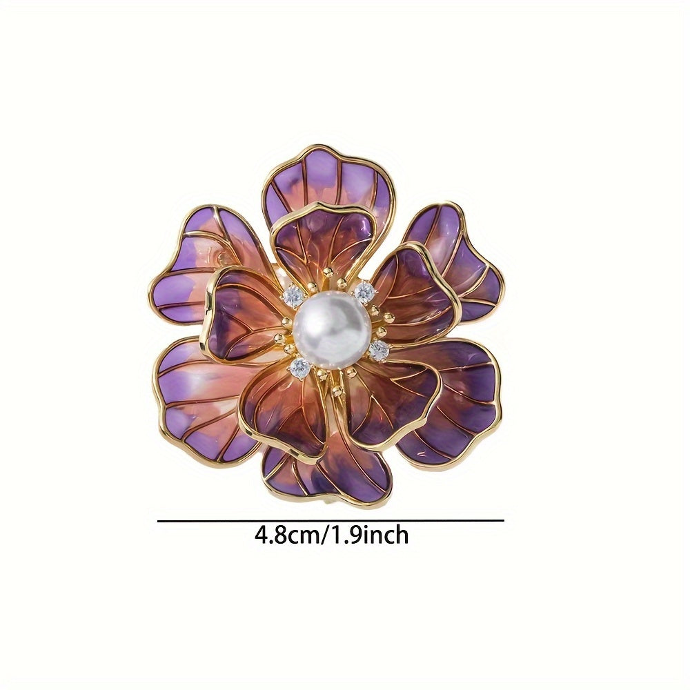 Beautiful Enamel Flower Brooch with Rhinestones and Purple Faux Pearl, Vintage-Inspired and Elegant - Ideal for Adding a Touch of Glamour to Your Winter and Autumn Wardrobe, Perfect for Both Suits and Dresses