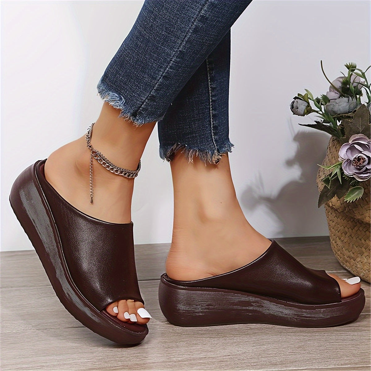 Brown pointed toe slide sandals with thick heel for moms in 2024, comfortable and breathable.