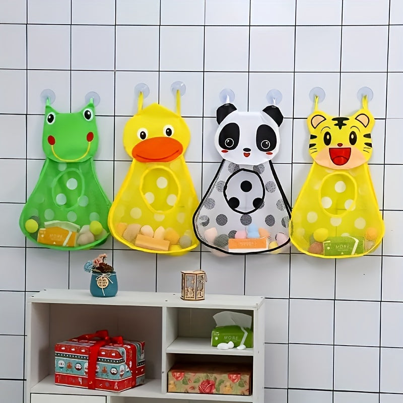 Large capacity mesh storage bag featuring cartoon animal designs, including a duck, frog, tiger, and panda. Comes in a 1-piece set with suction cups for hanging. Can be used for storing toys or other items. Measures 39.98 * 31.98 cm.