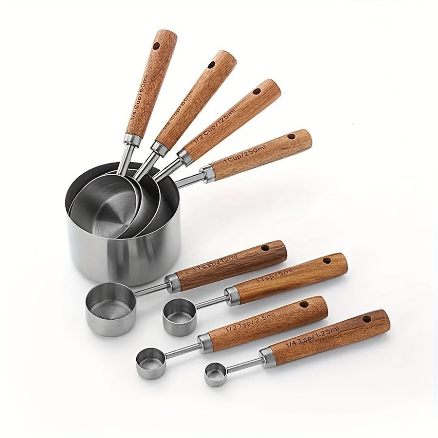 Set of 4 measuring cups and 4 measuring spoons with wooden handles, made of stainless steel. Includes graduated measurements for precise baking and cooking. A must-have tool for any kitchen, perfect for apartments and essential for cooking and baking