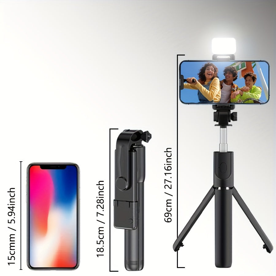 Portable selfie stick tripod with built-in fill light, wireless, anti-shake and 360-degree rotating phone holder for stable and versatile use.