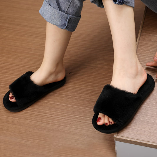 Stylish faux fur slippers for women with fabric upper, EVA sole, and warm comfort, perfect for all seasons.