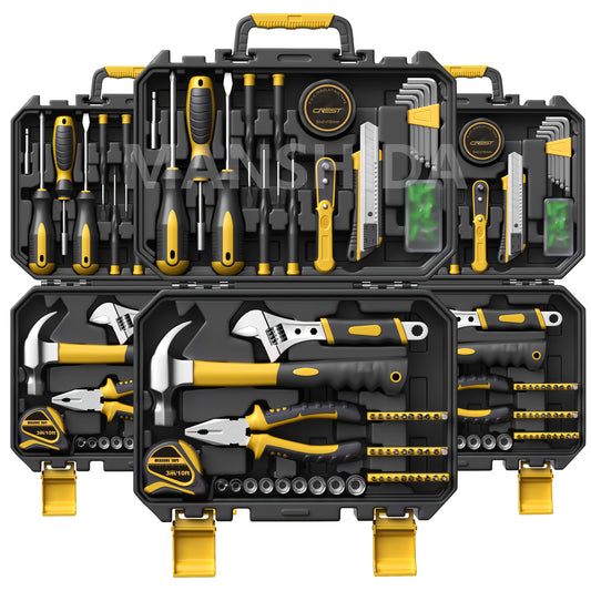25/26 piece General Household Hand Tool Kit Set for DIY projects and home repairs. Includes plastic toolbox storage case in yellow color.