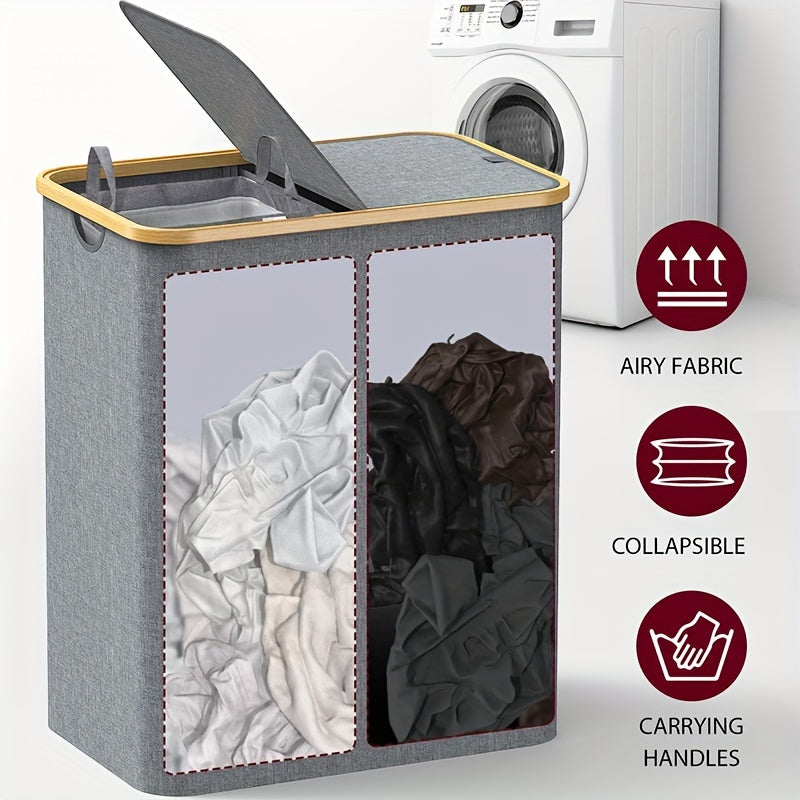 Large laundry hamper with lid and 2 detachable bags, perfect for organizing dirty clothes in laundry rooms, bathrooms, and dormitories. This foldable storage basket is a must-have for home organization and back-to-school supplies.