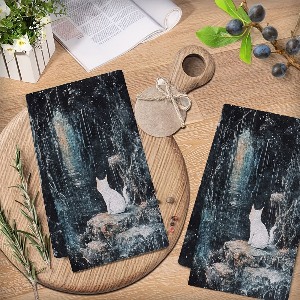 Two pieces of ultra soft kitchen towels featuring mystical Slugcat and Rain World design. These highly absorbent towels are machine washable and measure 40.64x60.96 cm. Perfect for holiday decor, these coastal motif towels are made of soft absorbent