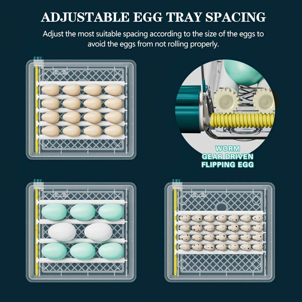 16-egg automatic incubator with auto turn, humidity control, adjustable spacing, pulse heat, cold light turning, Celsius display. Ideal for various eggs including duck, pigeon, bird, quail