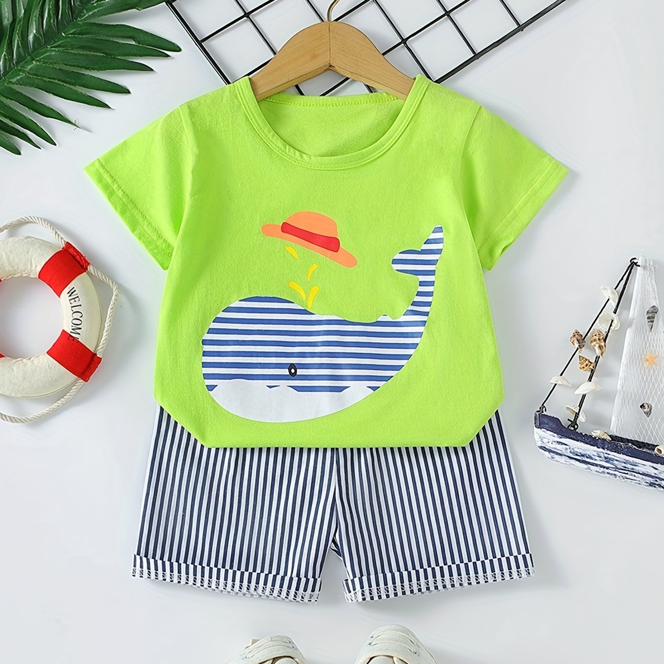 Boys Whale Casual Outfit: T-shirt & Striped Shorts for Summer Wear