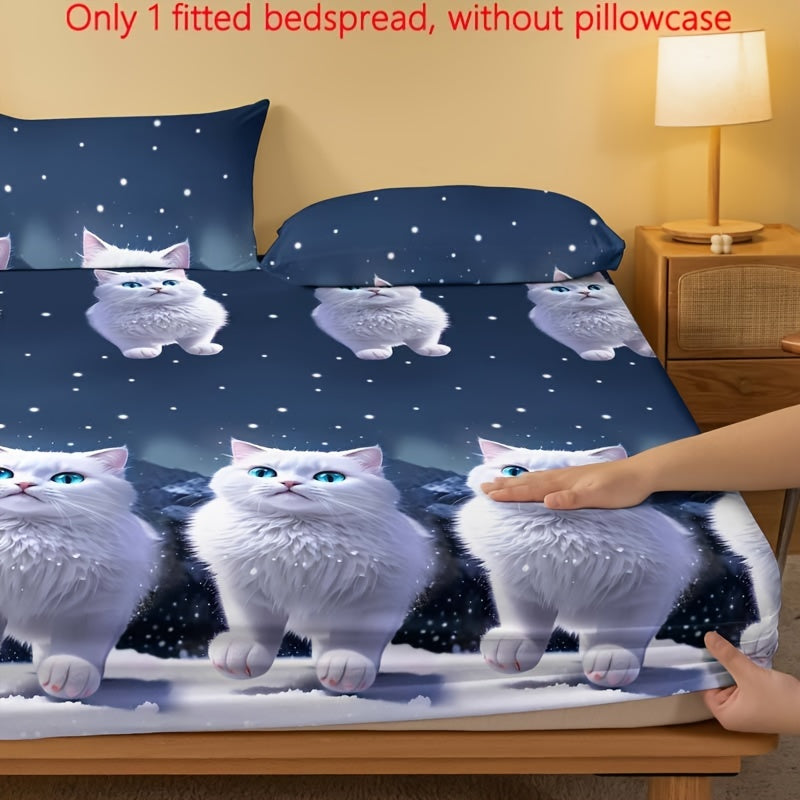 Soft and comfortable snow blue eyes white cat print fitted sheet, perfect for bedroom or guest room. This brushed fitted sheet comes with deep pockets and is designed as a mattress protector. Pillowcase not included. Get just the fitted sheet for a