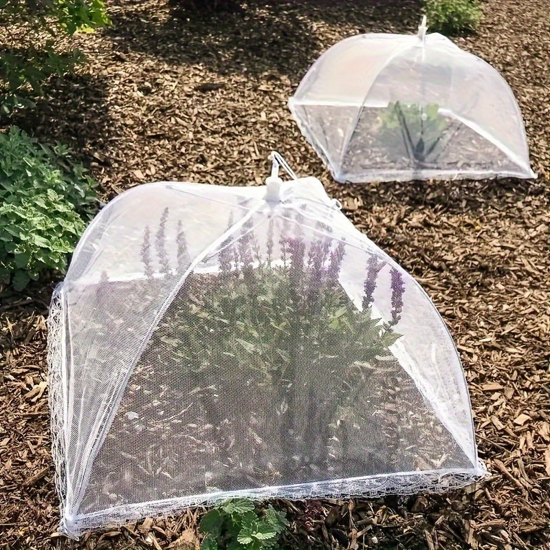 Reusable mesh food cover for outdoor use, ideal for keeping bugs out. Easy to clean and collapsible. Durable plastic and metal construction.