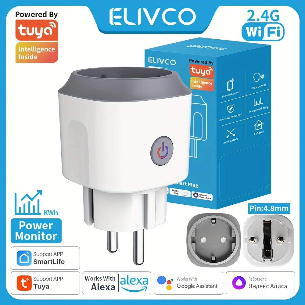 1pc Elivco WiFi Smart Plug for European Standard with App & Voice Control via Google Assistant/Alexa, Power Monitoring, Non-Waterproof, Flush Mount, 110V/220V Compatible, Wi-Fi Enabled.