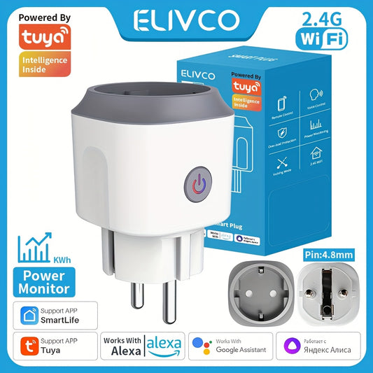 1pc Elivco WiFi Smart Plug for European Standard with App & Voice Control via Google Assistant/Alexa, Power Monitoring, Non-Waterproof, Flush Mount, 110V/220V Compatible, Wi-Fi Enabled.