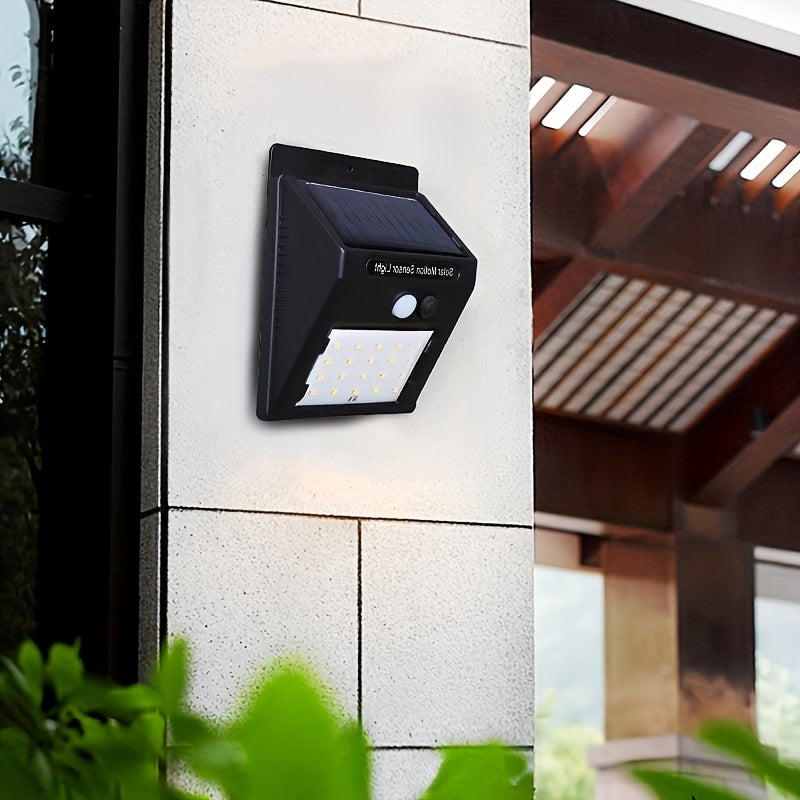 Outdoor solar motion sensor light with 120° wide angle lighting is suitable for courtyard, garden, garage, driveway, sidewalk, and patio deck.