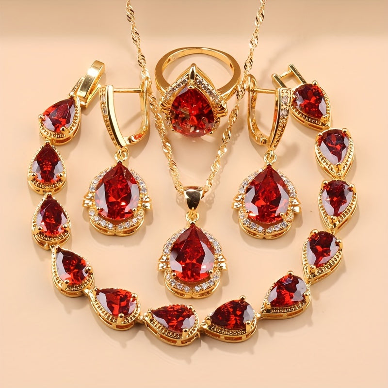 Exquisite 5-Piece Teardrop Jewelry Set including Earrings, Necklace, Pendant, and Ring - Crafted with Synthetic Stones, 18K Gold Plated Copper adorned with Zirconia - Ideal for Everyday Wear and Special Occasions like Weddings, Thanksgiving - A