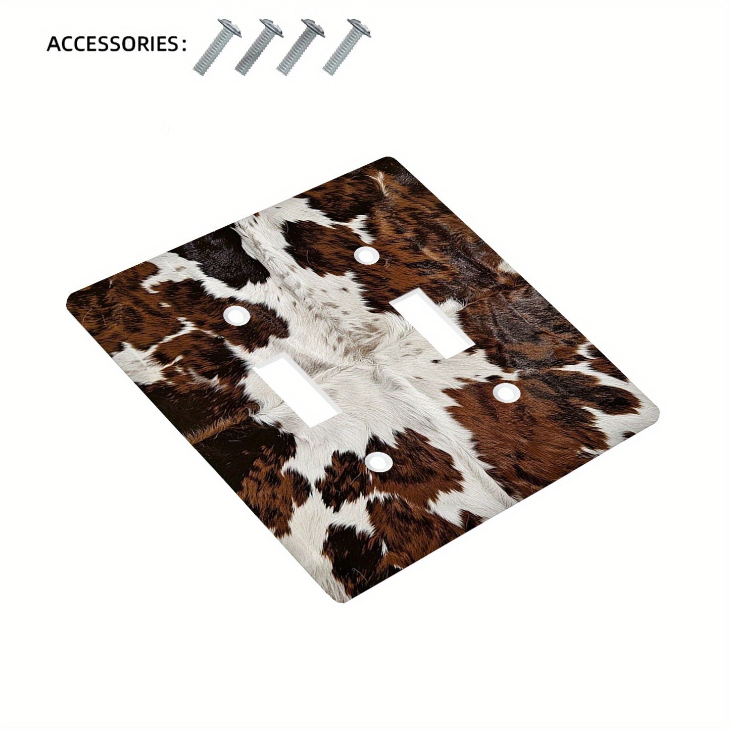 Cowhide pattern wall plate for indoor/outdoor use, fits 1-2 sockets in bedroom, kitchen, or bathroom.