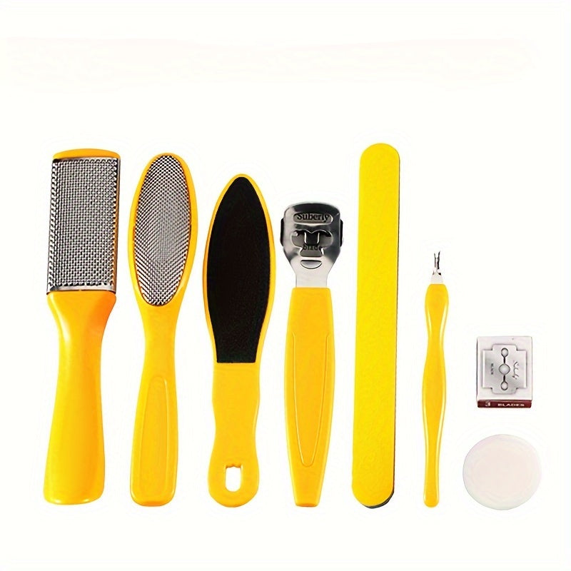 Yellow plastic pedicure set includes callus remover, file, and scraper for smooth skin without batteries or odor.