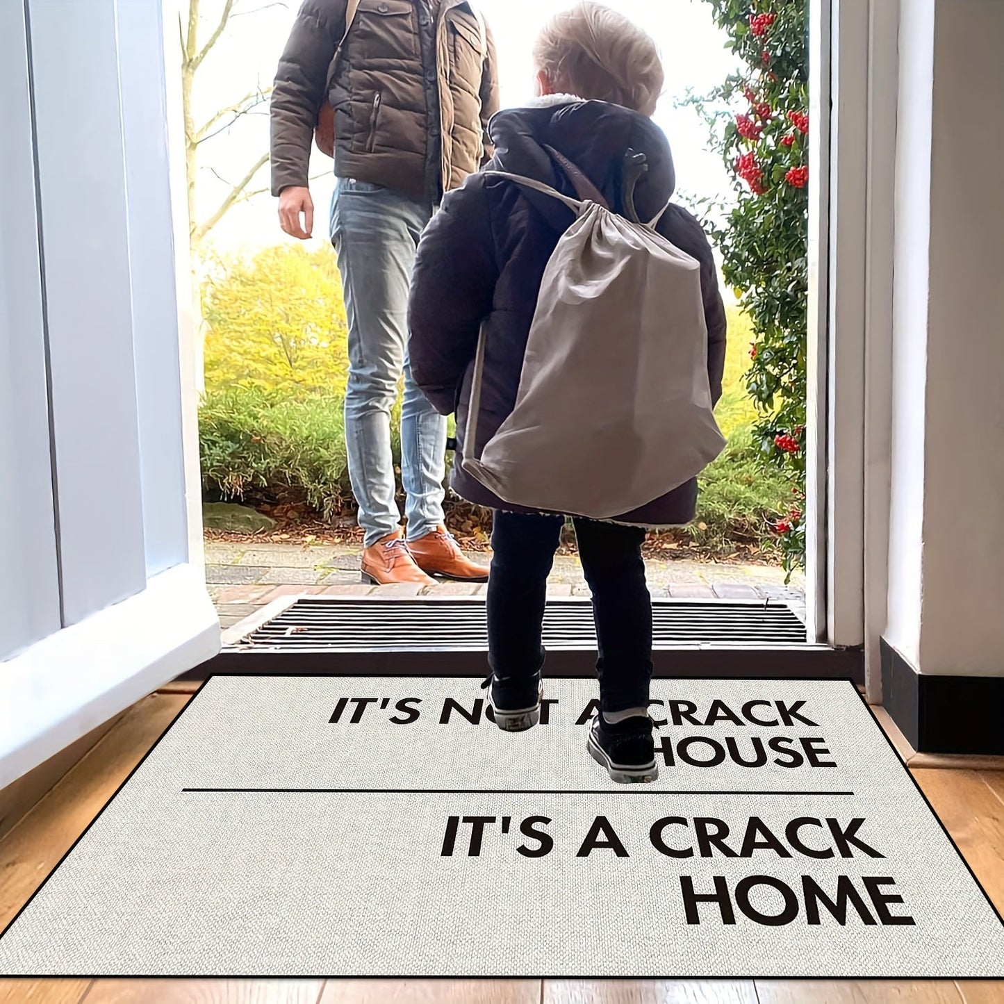 Non-slip machine washable polyester door mat with a white background and crackle home design. Perfect for indoor and outdoor use, this mat is suitable for bedrooms, rooms, hallways, courtyards, as well as photo props and gifts. Measuring 15x23 inches, it