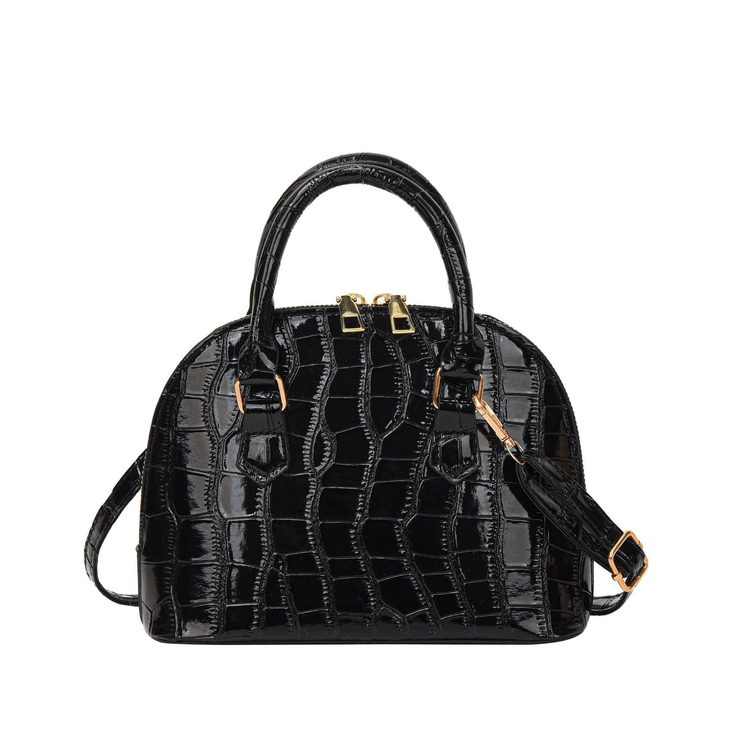 Crocodile pattern shell handbag in white/black/burgundy with removable strap, zipper closure, and unlined interior. Casual and versatile, small square shoulder bag.