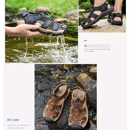 Summer 2024 Leather Sandals: Breathable, Non-Slip for Hiking and Beach Sports, Casual Outdoor Footwear with Adjustable Laces