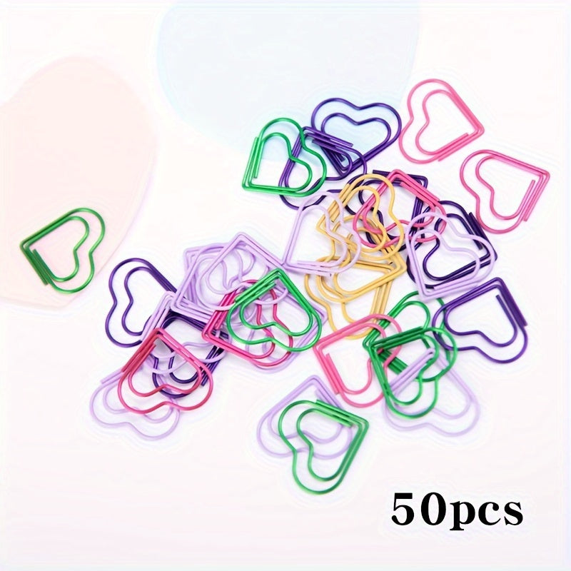 50 colorful heart-shaped paper clips for organizing documents and files.