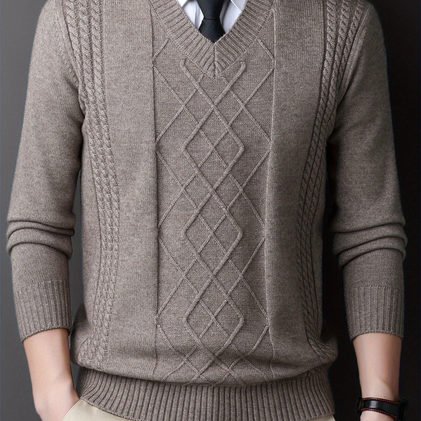 Men's red V-neck sweater with diamond pattern, long sleeves, ideal for fall and winter, can be layered for a formal look.