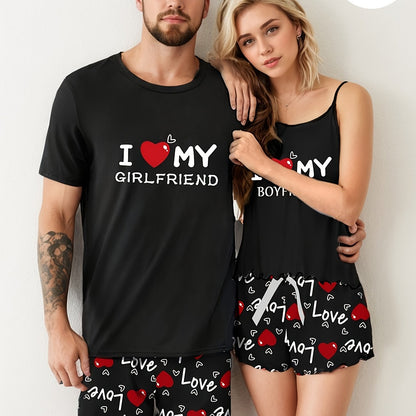 Valentine's Day Couple's Clothing Set: Black T-Shirt & Shorts, Soft Polyester Blend, Machine Washable, Comfortable Knitted Texture, Women's Clothing Sets.