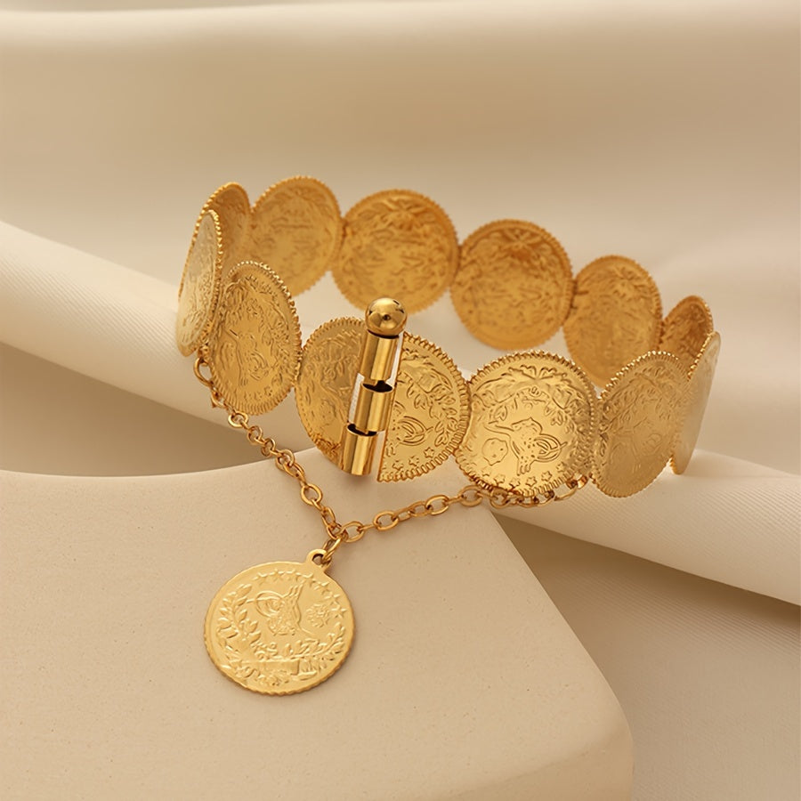 22K gold plated bangle bracelet with coin detail, inspired by vintage style. Made of copper alloy, suitable for both everyday and party wear.