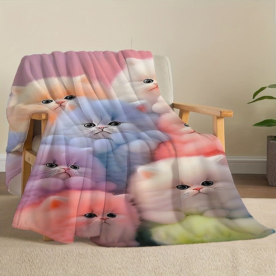 Contemporary geometric-patterned flannel throw blanket featuring a cute cat design - Easy to care for with machine washable and stain-resistant properties. Versatile knit fabric makes it ideal for all seasons, perfect for office, home, or travel. Soft