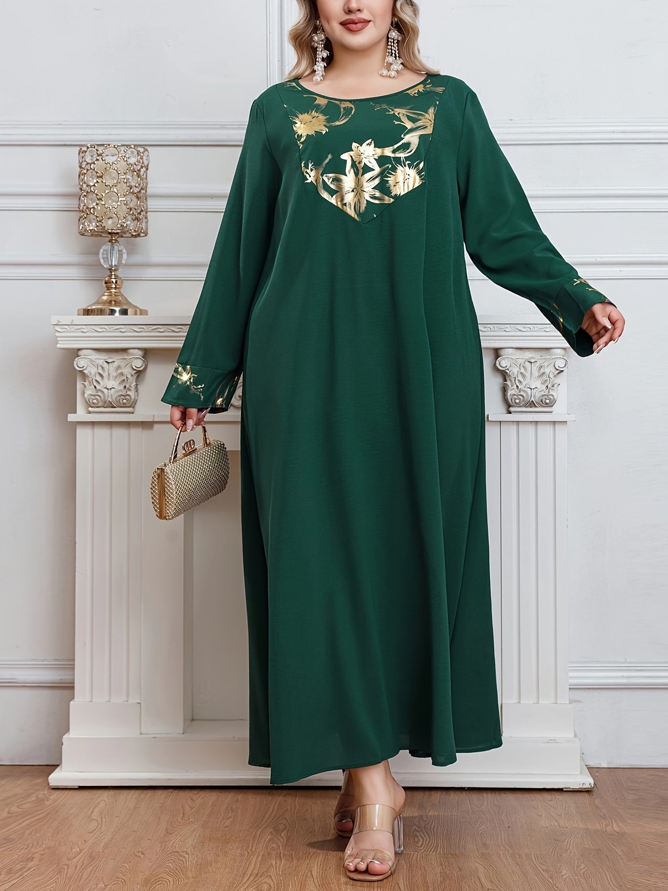 Elegant Plus Size Tunic Dress in Middle Eastern Style, 100% Polyester, Crew Neck with Random Print.