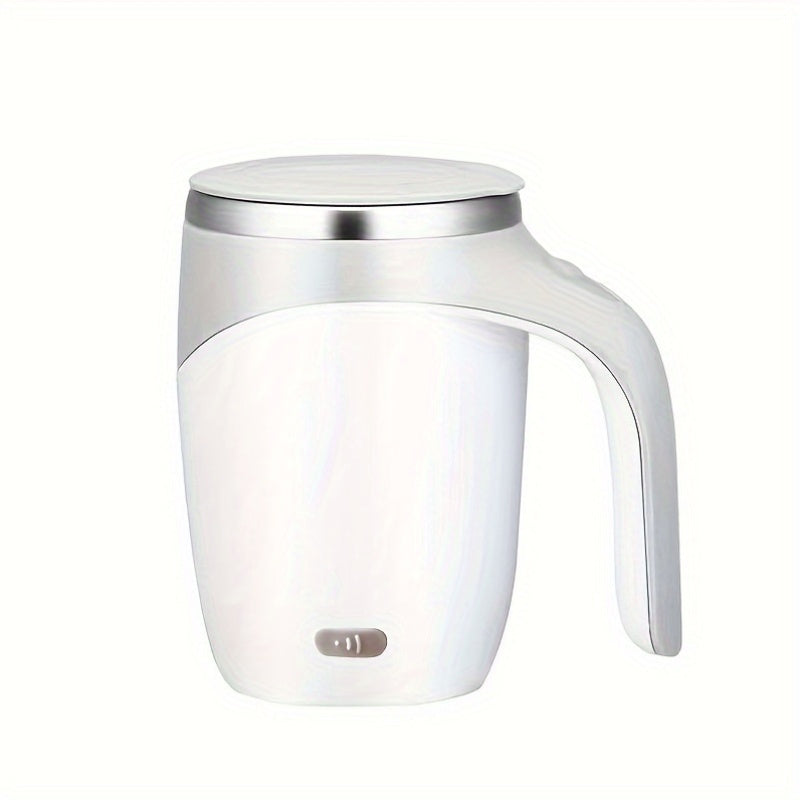 The self-stirring coffee mug with a lid features a 380ml reusable round cup made of ABS and stainless steel. It is USB charging with a magnetic rotating feature and built-in lithium battery. Additionally, it is machine washable.