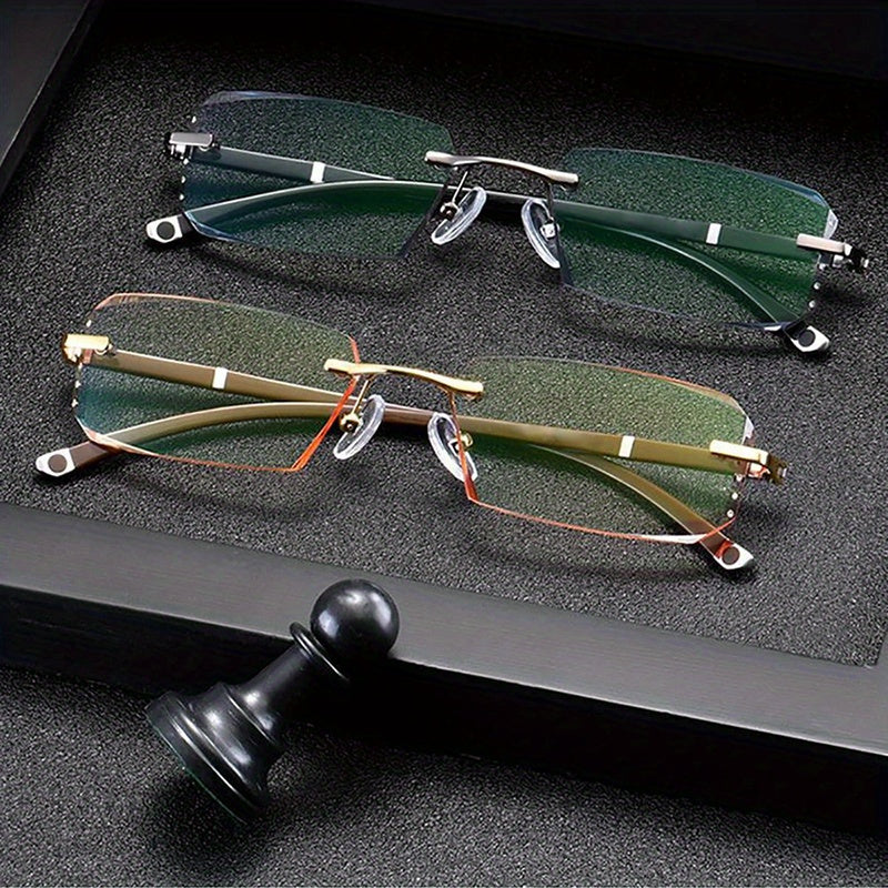 Unisex rimless cut edge glasses with anti-blue clear lenses for business.