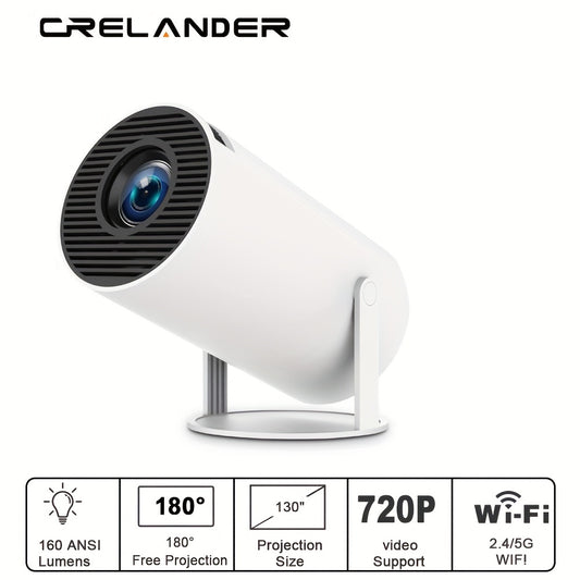 CRELANDER HY300 Pro Smart Projector with 720P LED, 160ANSI lumens brightness, dual band WIFI 6, Android compatibility, and portability.