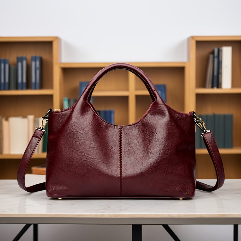 Fashionable single shoulder handbag with adjustable strap, zip closure, and polyester lining in coffee, apricot, burgundy, and black colors.