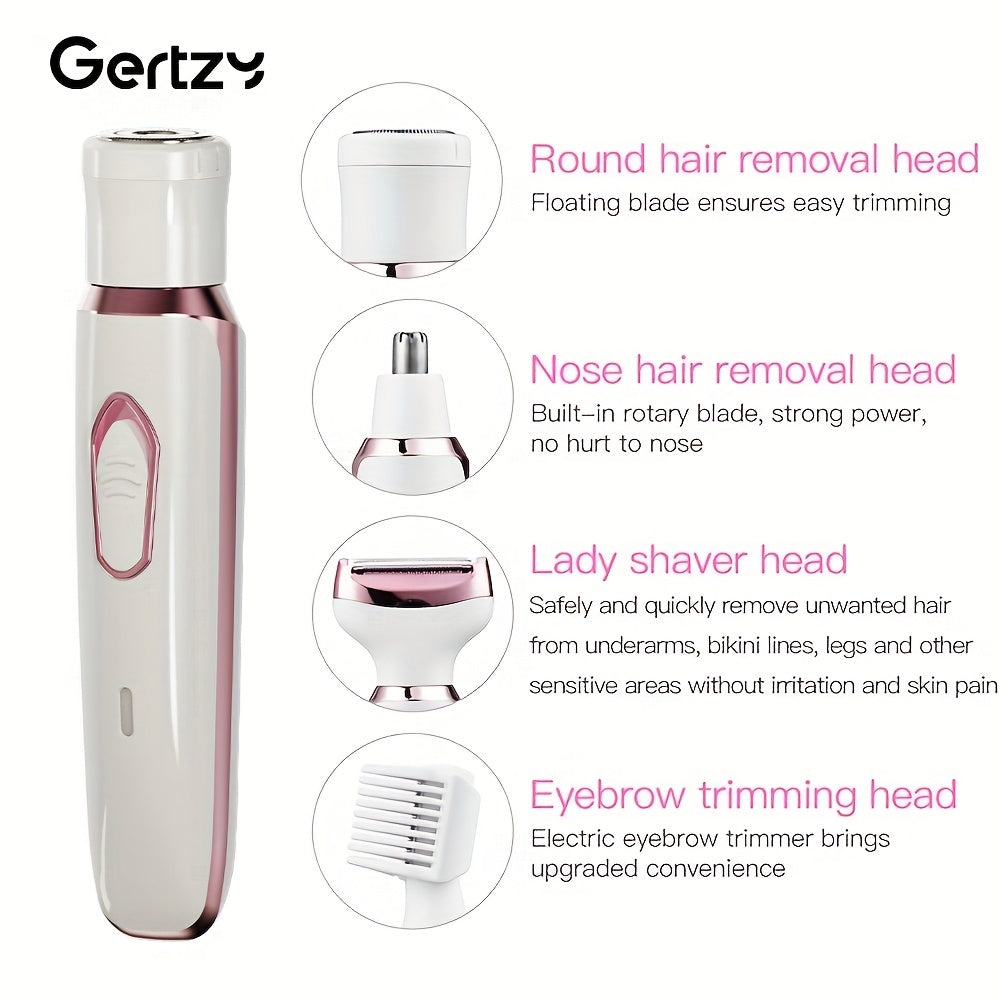 4-in-1 rechargeable electric razor for women, suitable for face, nose, legs, underarms, and bikini area. Can be used wet or dry, pain-free grooming kit that is portable and rechargeable.