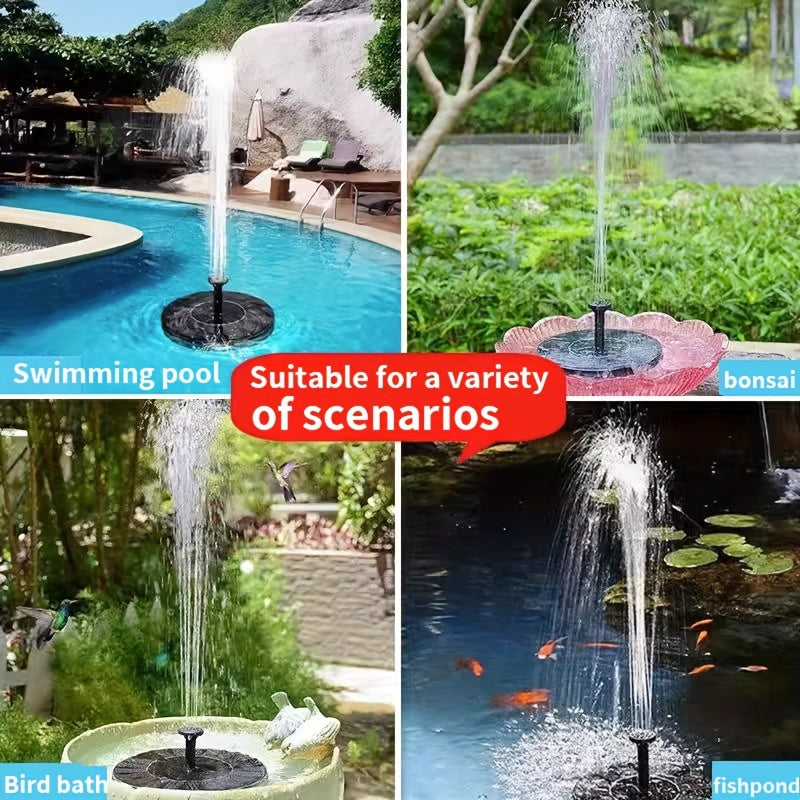 Solar fountain pump with LED light, Lithium battery powered, suitable for garden and water features, with 7 nozzle modes and durable construction.