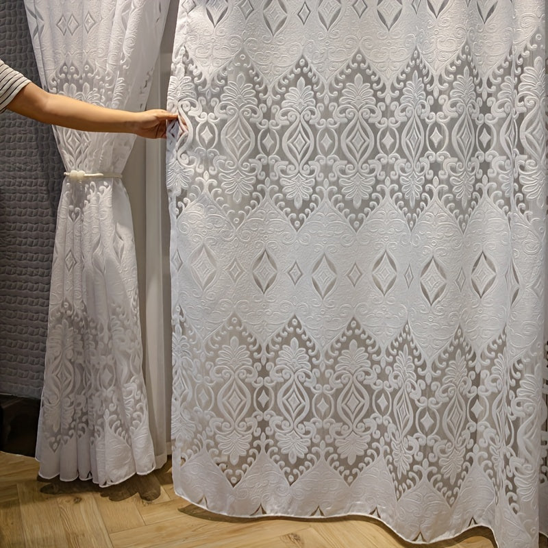 Art Deco Geometric Jacquard Sheer Curtains: Add a touch of elegance to your living room with these lightweight, unlined polyester drapes featuring a cutwork weave design. The grommet top and fashion theme make them a perfect all-season decorative panel