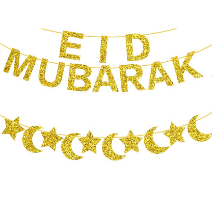 Set of Eid Al Fitr party supplies with moon and star theme, perfect for Muslim celebrations