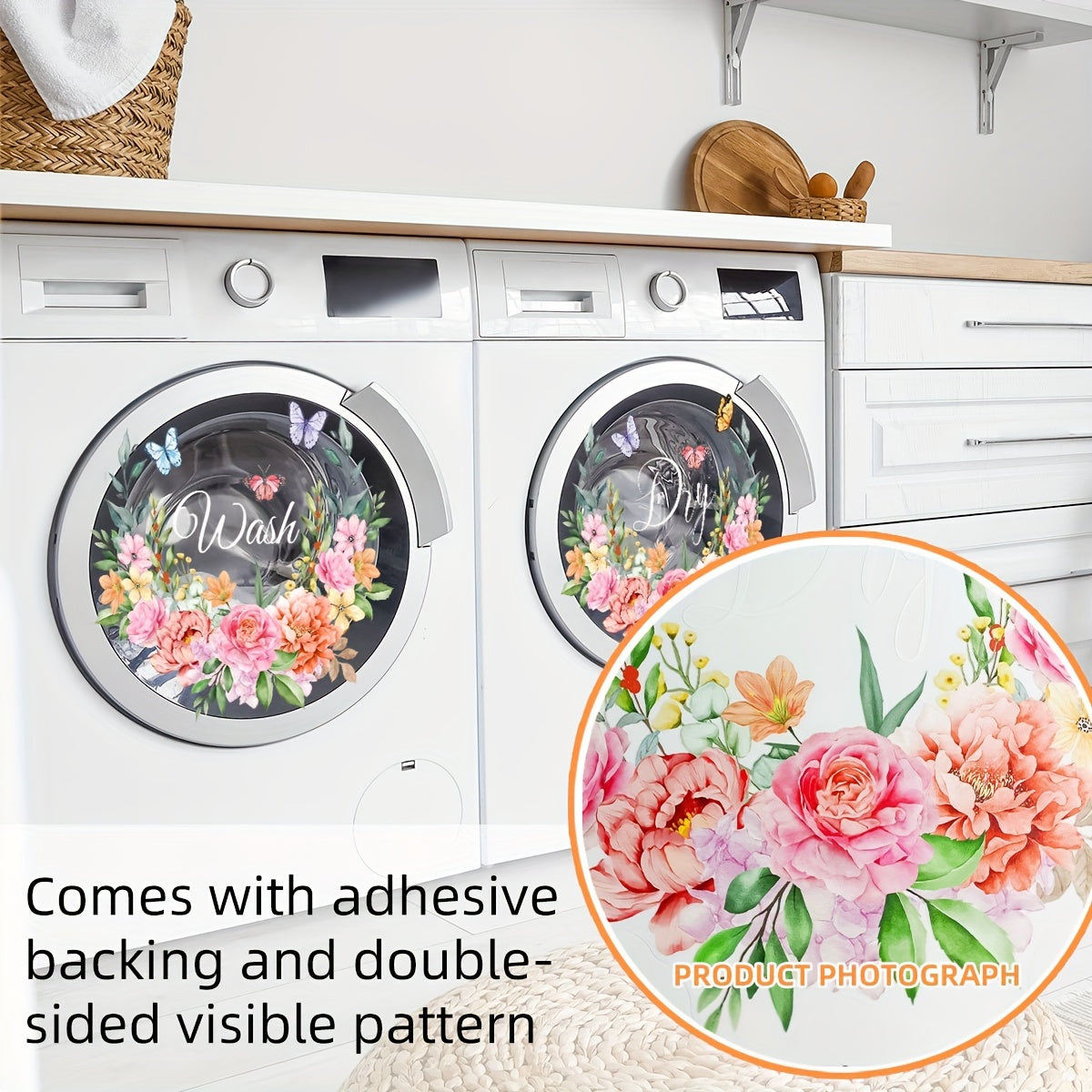 Набор из 2 наклеек Fresh Ring Flower Wash Dry Laundry Room для стиральной машины, декоративные наклейки на окна - 30*30 см, самоклеящиеся, двусторонняя печать - CT9004-YJ