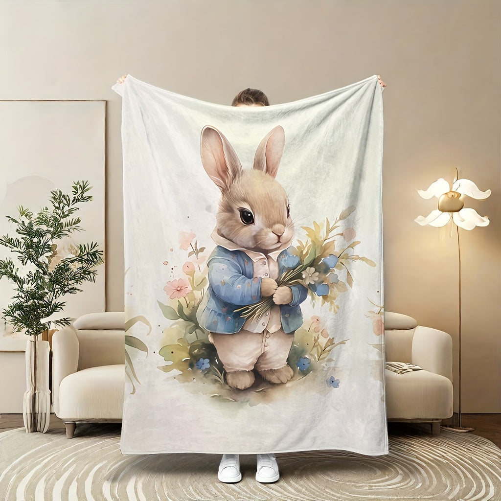 Cozy Cartoon Bunny Printed Blanket - This blanket features a charming cartoon bunny design, perfect for adding a touch of whimsy to any space. Made from soft and warm knit polyester coral fleece, this blanket is ideal for year-round use. The digital