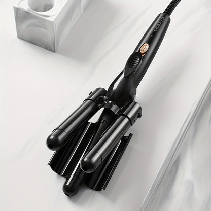 Three-barrel curling iron with temperature control for big waves and curls, creates water wave texture, black electric curler.