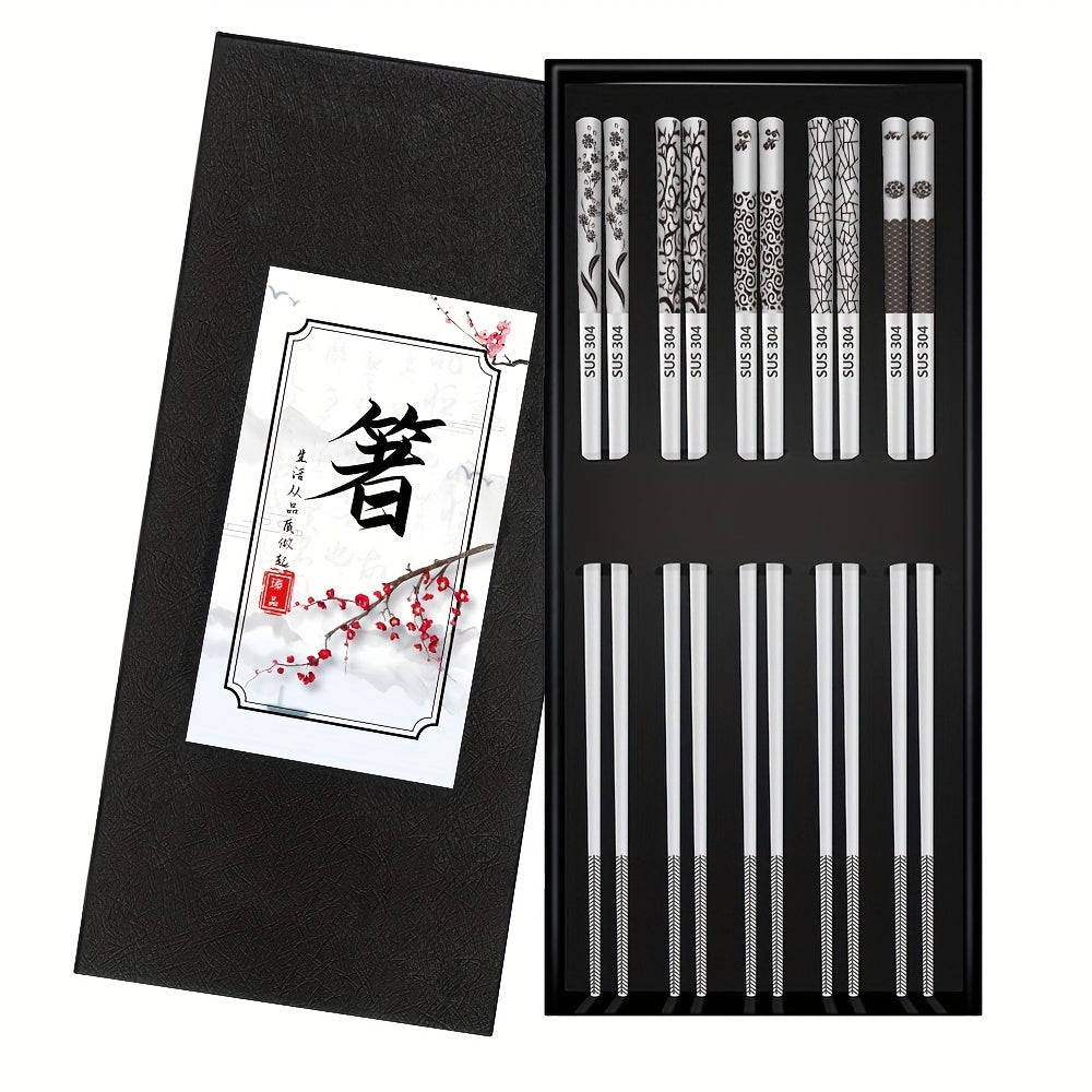 Set of 5 stainless steel chopsticks, dishwasher safe, laser-engraved non-slip design, perfect for cooking and eating, great for gifting.