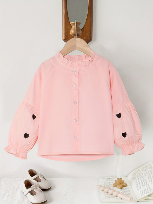 Chic Fall 2024 Girls' Heart Pattern Blouse with Ruffled Collar - Polyester, Machine Washable