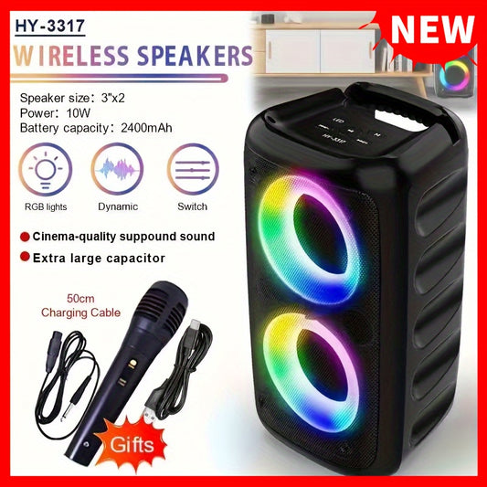 The HY3317 is a 2025 limited edition wireless speaker with crystal-clear sound, powerful bass, and portable features including a wired microphone, colorful lights, wireless 5.0, dual 3-inch