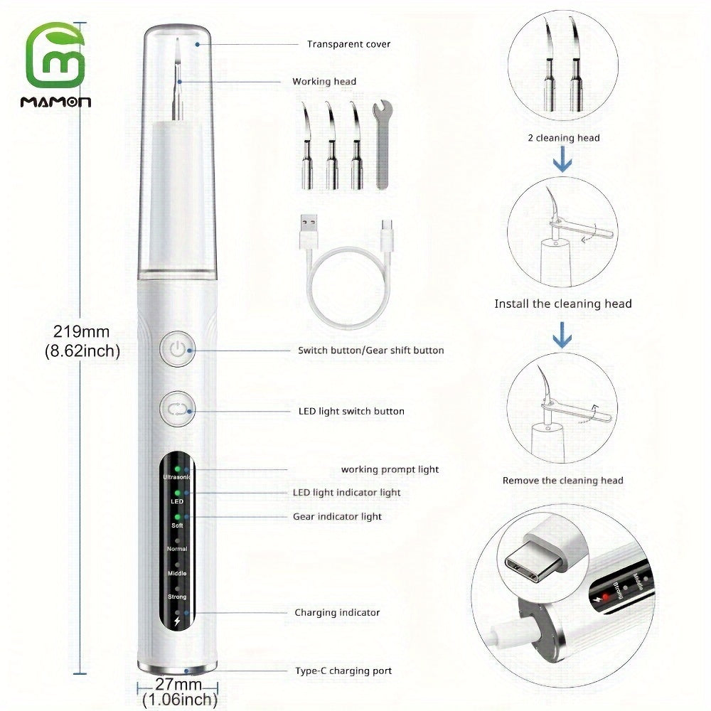 MAMON Ultimate Teeth Cleaning Kit: Rechargeable Plaque & Tartar Remover with LED Light, Stainless Steel Dental Tools, 4 Heads Included - White