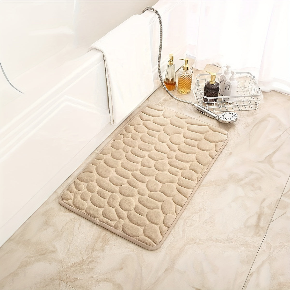 1 piece of Pebble Pattern Floor Mat made with memory cotton for the bathroom, designed to absorb water at the doorstep, featuring a non-slip backing for added safety. Can also be used as a carpet.