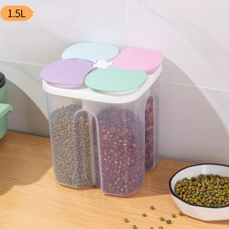 Single food storage container with 4 grids and lids, designed for storing cereal, rice, pasta, flour, and sugar. This clear airtight square container is moisture-proof and transparent, perfect for keeping food fresh. Can be used for food jars and