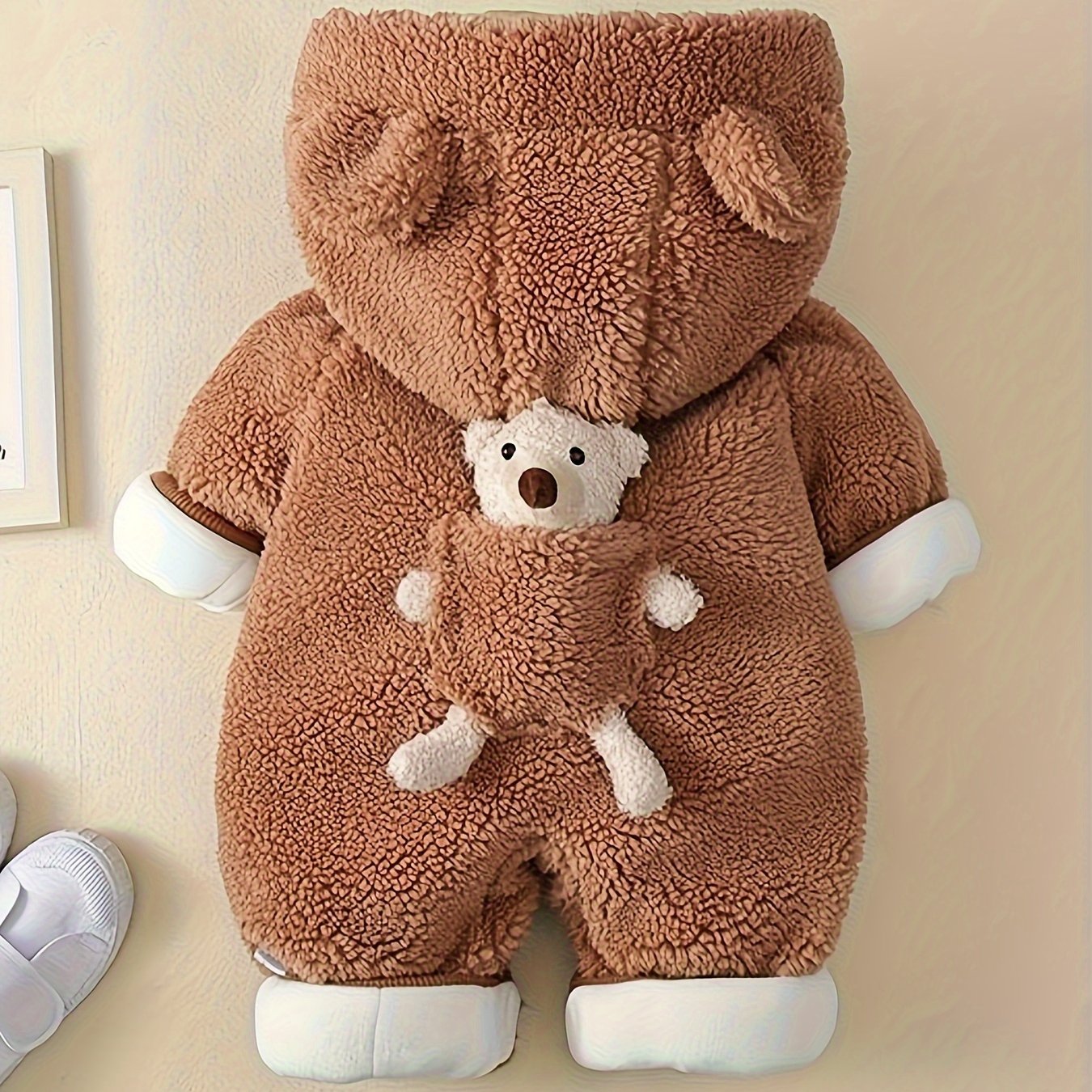 Newborn bear-themed hooded jumpsuit for babies, suitable for indoor and outdoor wear.