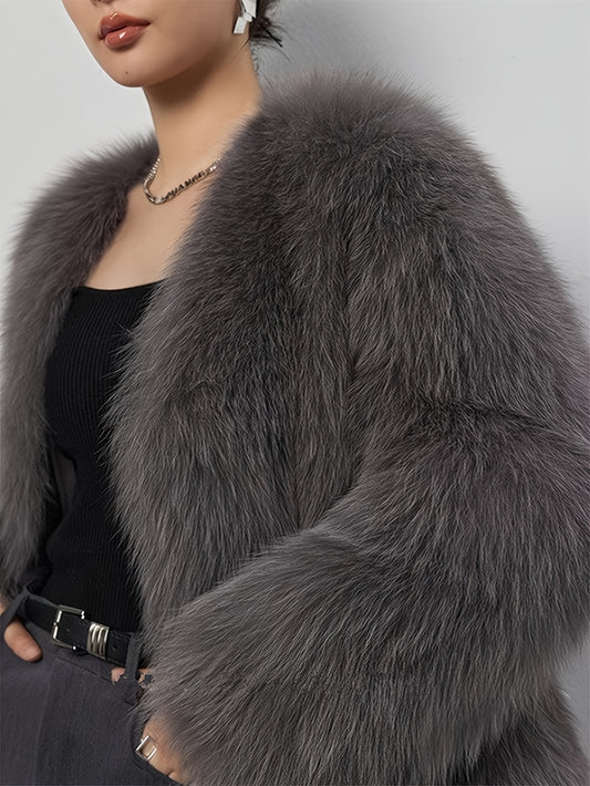 Stylish women's jacket in light gray faux fur with long sleeves, perfect for fall and winter. Made of soft polyester with knit fabric detailing.