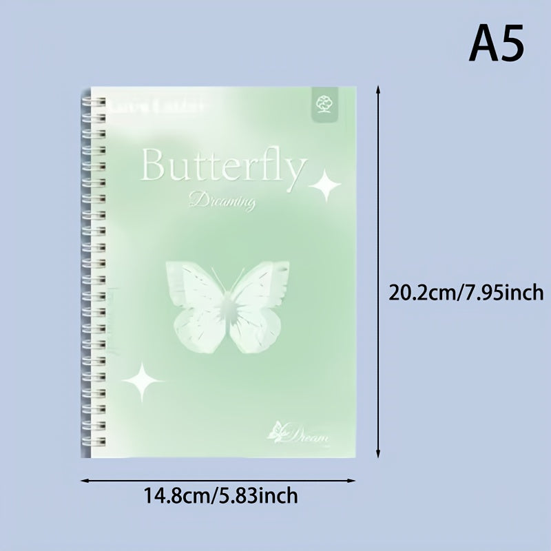 1pc A5 Butterfly Dream Themed Spiral Notebook with 60 sheets, dotted pages, and lay-flat binding.